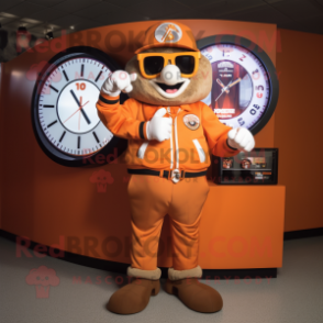 Orange Chief mascot costume character dressed with a Bomber Jacket and Digital watches