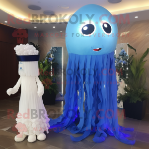 Blue Jellyfish mascot costume character dressed with a Wedding Dress and Lapel pins