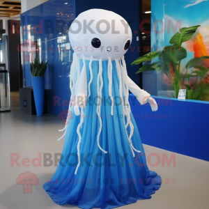 Blue Jellyfish mascot costume character dressed with a Wedding Dress and Lapel pins
