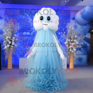 Blue Jellyfish mascot costume character dressed with a Wedding Dress and Lapel pins