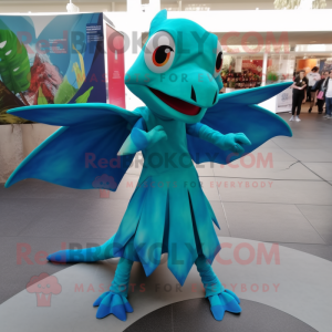 Turquoise Dimorphodon mascot costume character dressed with a Circle Skirt and Foot pads