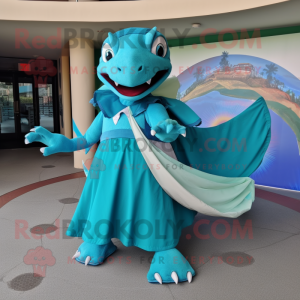 Turquoise Dimorphodon mascot costume character dressed with a Circle Skirt and Foot pads