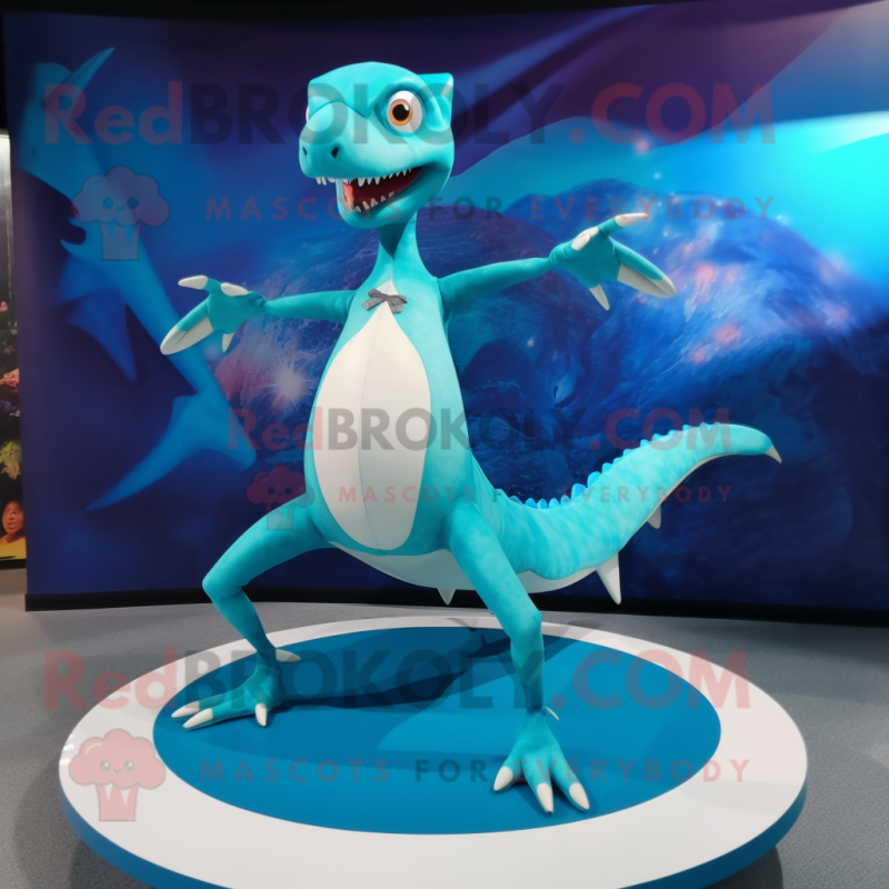 Turquoise Dimorphodon mascot costume character dressed with a Circle Skirt and Foot pads