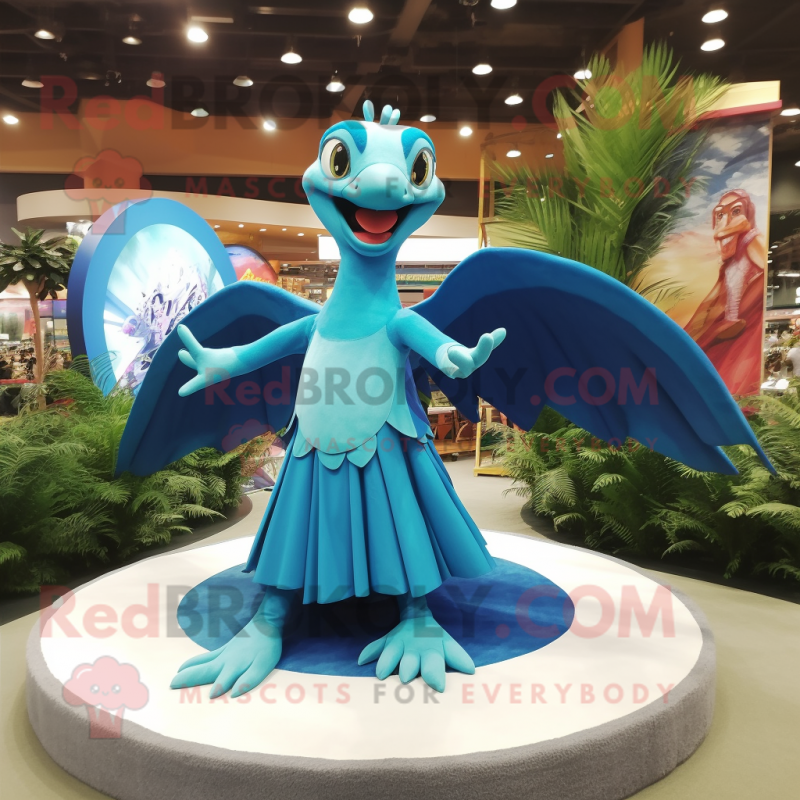 Turquoise Dimorphodon mascot costume character dressed with a Circle Skirt and Foot pads