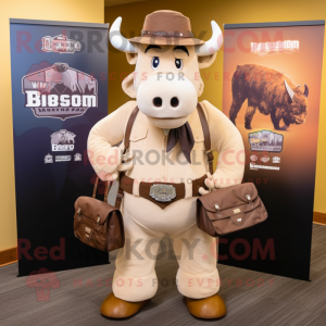 Cream Bison mascot costume character dressed with a Blazer and Messenger bags