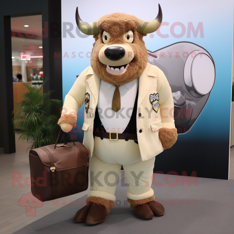 Cream Bison mascot costume character dressed with a Blazer and Messenger bags