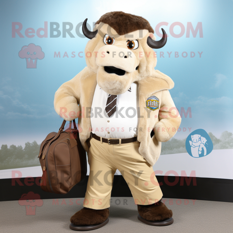Cream Bison mascot costume character dressed with a Blazer and Messenger bags Cream Bison mascot costume character dressed with a Blazer and Messenger bags