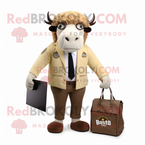 Cream Bison mascot costume character dressed with a Blazer and Messenger bags