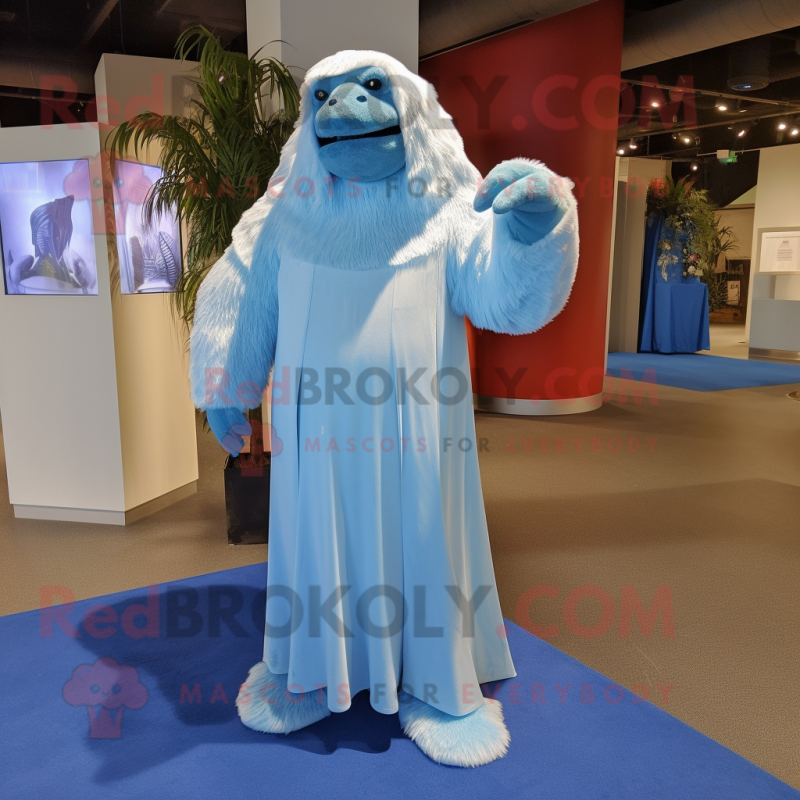 Blue Giant Sloth mascot costume character dressed with a Wedding Dress and Foot pads