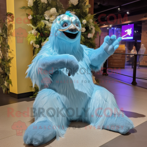 Blue Giant Sloth mascot costume character dressed with a Wedding Dress and Foot pads