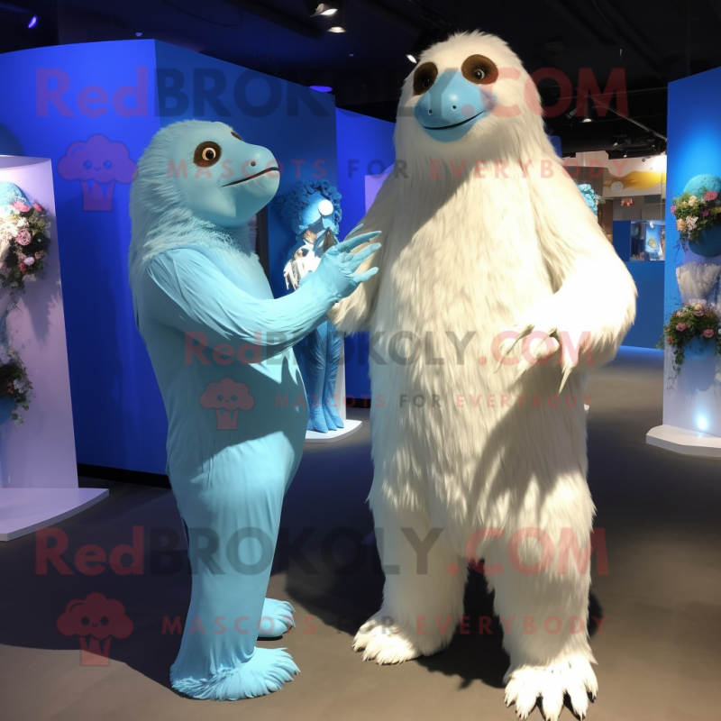 Blue Giant Sloth mascot costume character dressed with a Wedding Dress and Foot pads Blue Giant Sloth mascot costume character dressed with a Wedding Dress and Foot pads