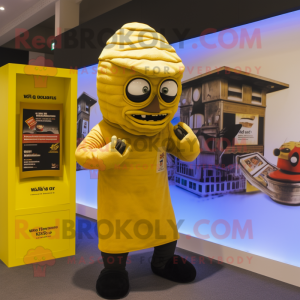 Yellow Mummy mascot costume character dressed with a Rugby Shirt and Earrings