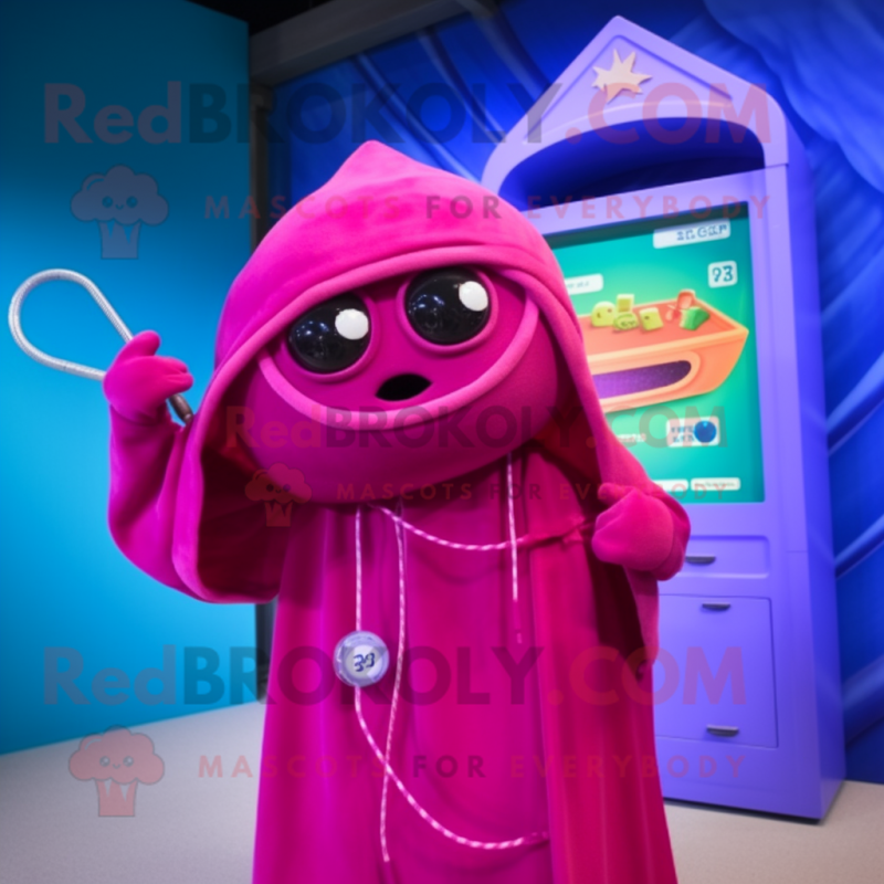 Magenta Phone mascot costume character dressed with a Swimwear and Shawl pins Magenta Phone mascot costume character dressed with a Swimwear and Shawl pins