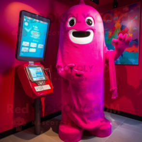 Magenta Phone mascot costume character dressed with a Swimwear and Shawl pins