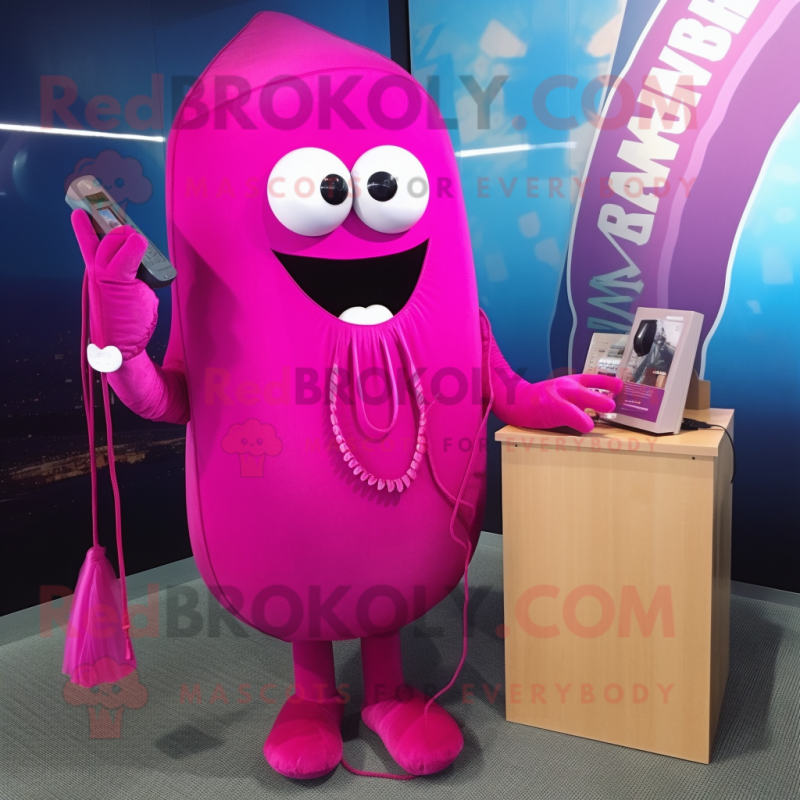 Magenta Phone mascot costume character dressed with a Swimwear and Shawl pins Magenta Phone mascot costume character dressed with a Swimwear and Shawl pins