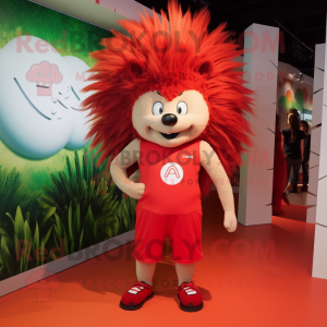 Red Porcupine mascot costume character dressed with a Tank Top and Anklets