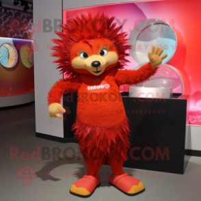 Red Porcupine mascot costume character dressed with a Tank Top and Anklets