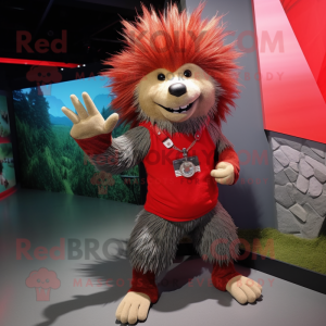 Red Porcupine mascot costume character dressed with a Tank Top and Anklets