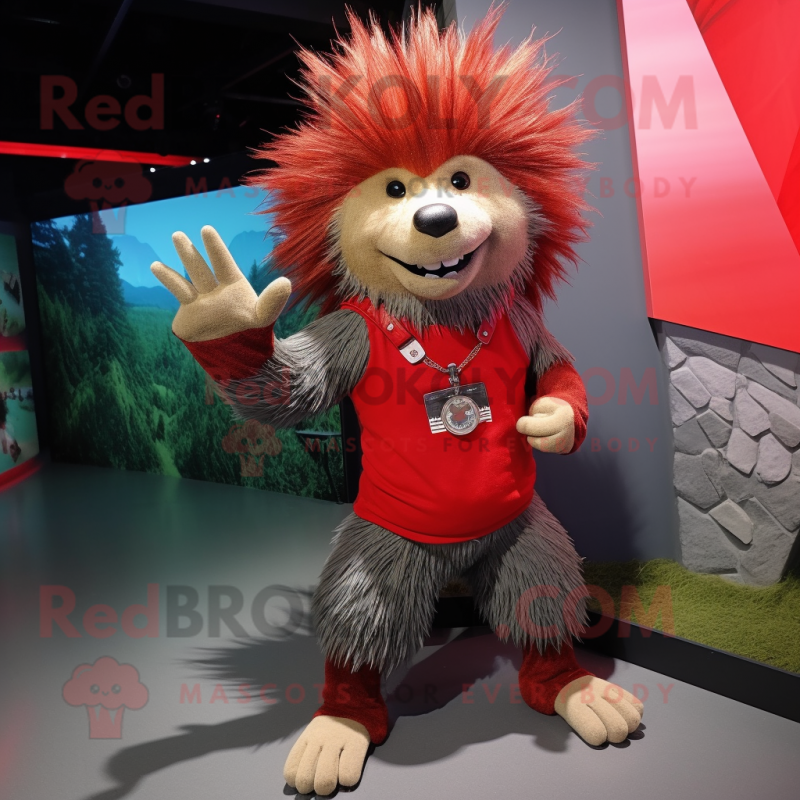 Red Porcupine mascot costume character dressed with a Tank Top and Anklets Red Porcupine mascot costume character dressed with a Tank Top and Anklets
