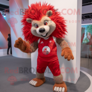 Red Porcupine mascot costume character dressed with a Tank Top and Anklets