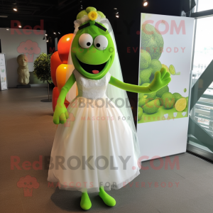 Lime Green Apricot mascot costume character dressed with a Wedding Dress and Shoe laces