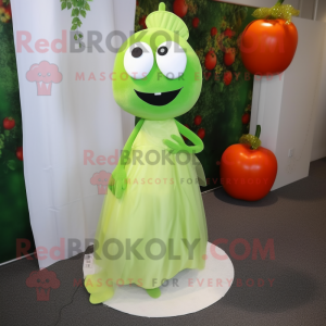 Lime Green Apricot mascot costume character dressed with a Wedding Dress and Shoe laces