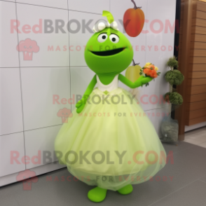 Lime Green Apricot mascot costume character dressed with a Wedding Dress and Shoe laces