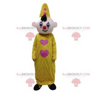 Mascotte de clown avec son costume et son chapeau jaunes -