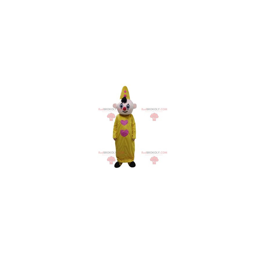 Mascotte de clown avec son costume et son chapeau jaunes -