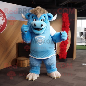 Sky Blue Bison mascot costume character dressed with a Polo Tee and Hairpins