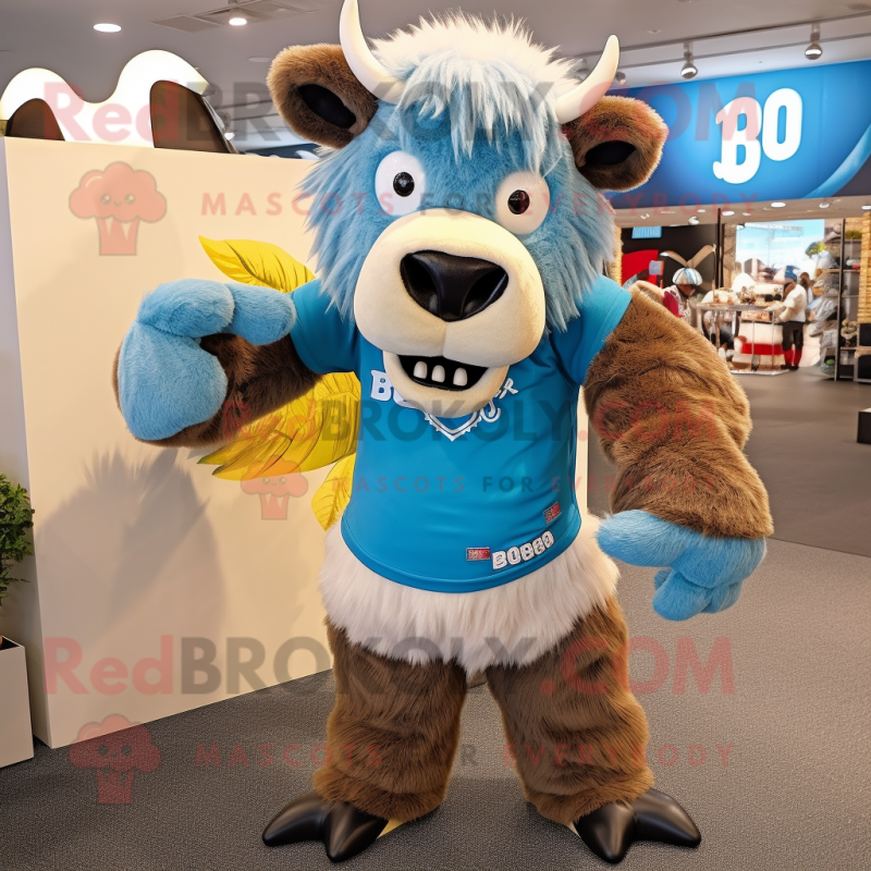 Sky Blue Bison mascot costume character dressed with a Polo Tee and Hairpins