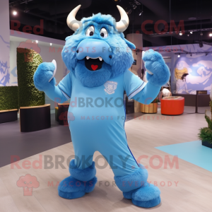Sky Blue Bison mascot costume character dressed with a Polo Tee and Hairpins