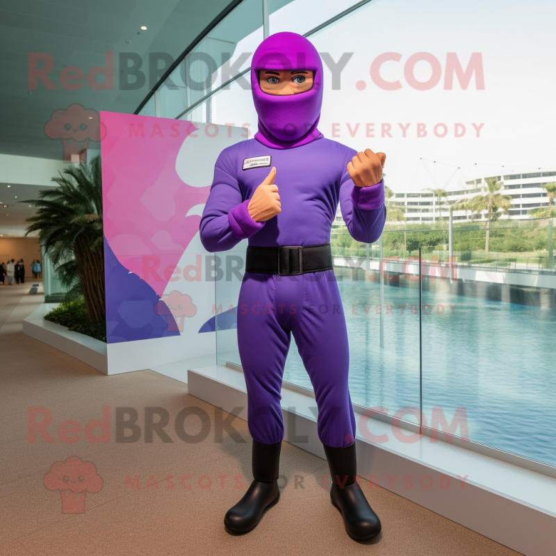 Purple Gi Joe mascot costume character dressed with a One-Piece Swimsuit and Berets Purple Gi Joe mascot costume character dressed with a One-Piece Swimsuit and Berets