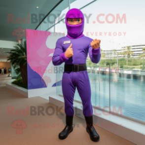 Purple Gi Joe mascot costume character dressed with a One-Piece Swimsuit and Berets