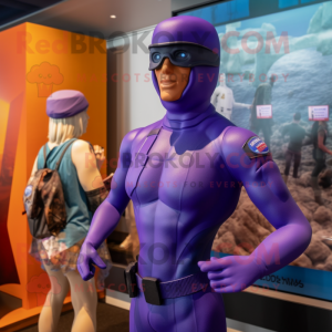 Purple Gi Joe mascot costume character dressed with a One-Piece Swimsuit and Berets