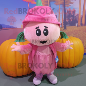 Pink Pumpkin mascot costume character dressed with a Corduroy Pants and Headbands