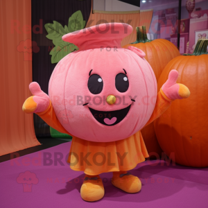 Pink Pumpkin mascot costume character dressed with a Corduroy Pants and Headbands