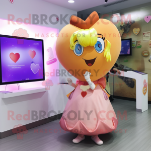 Peach Heart mascot costume character dressed with a Wrap Skirt and Watches
