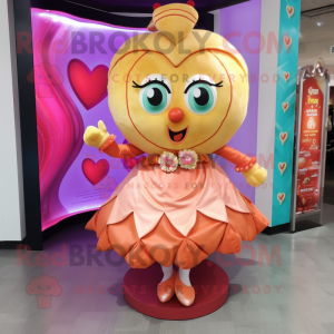 Peach Heart mascot costume character dressed with a Wrap Skirt and Watches