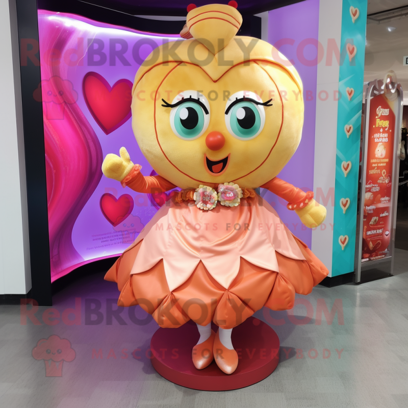 Peach Heart mascot costume character dressed with a Wrap Skirt and Watches Peach Heart mascot costume character dressed with a Wrap Skirt and Watches