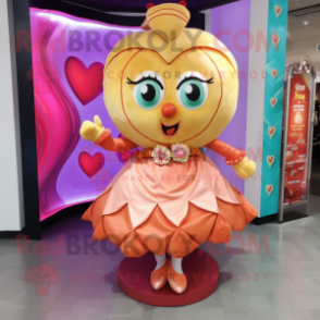Peach Heart mascot costume character dressed with a Wrap Skirt and Watches