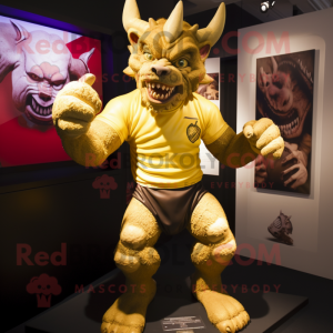 Gold Gargoyle mascot costume character dressed with a Rugby Shirt and Cummerbunds