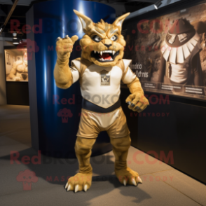 Gold Gargoyle mascot costume character dressed with a Rugby Shirt and Cummerbunds