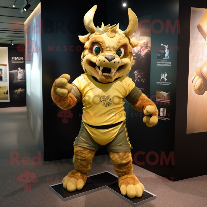 Gold Gargoyle mascot costume character dressed with a Rugby Shirt and Cummerbunds