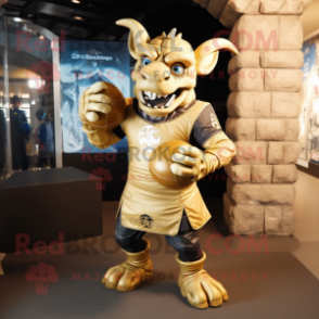 Gold Gargoyle mascot costume character dressed with a Rugby Shirt and Cummerbunds