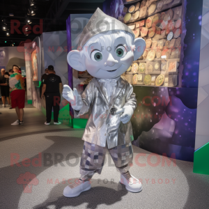 Silver Elf mascot costume character dressed with a Dress Shirt and Coin purses