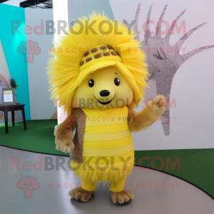 Yellow Porcupine mascot costume character dressed with a Mini Dress and Hats