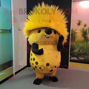 Yellow Porcupine mascot costume character dressed with a Mini Dress and Hats