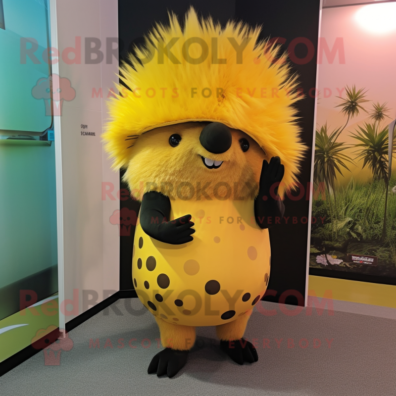Yellow Porcupine mascot costume character dressed with a Mini Dress and Hats Yellow Porcupine mascot costume character dressed with a Mini Dress and Hats