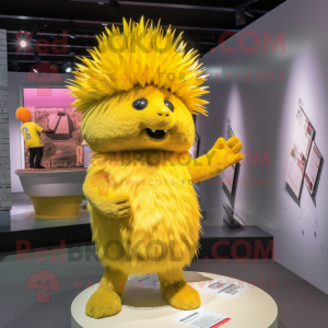 Yellow Porcupine mascot costume character dressed with a Mini Dress and Hats